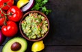 Guacamole latin american mexican sauce in clay bowl and ingredients Royalty Free Stock Photo