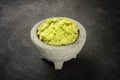 Guacamole in a molcajete, Mexican avocado dip in the traditional stone mortar Royalty Free Stock Photo