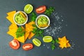 Guacamole and nachos with ingredients on the background of a black stone board Royalty Free Stock Photo