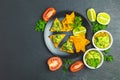Guacamole and nachos with ingredients on the background of a black stone board Royalty Free Stock Photo