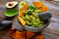 Guacamole with nachos in Mexican molcajete