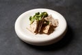 Guacamole with pita chips on white plate. Chef`s signature dish Royalty Free Stock Photo