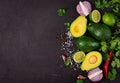 Guacamole sauce ingredients - avocado, onion, pepper chili, garlic, cilantro, lime Royalty Free Stock Photo