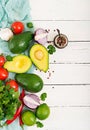 Guacamole sauce ingredients - avocado, tomato, onion, pepper chili, garlic, cilantro, lime Royalty Free Stock Photo