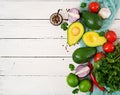 Guacamole sauce ingredients - avocado, tomato, onion, pepper chili, garlic, cilantro, lime Royalty Free Stock Photo