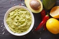 Guacamole sauce with ingredients close-up. horizontal top view Royalty Free Stock Photo