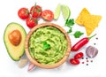 Guacamole and guacamole sauce ingredients isolated on white background. Flat lay Royalty Free Stock Photo