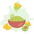 Guacamole sauce for nachos tortilla chips in the bowl in flat style. Perfect for tee, stickers, menu and poster. Isolated vector