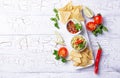 Guacamole, tomato sauce salsa and chips nachos