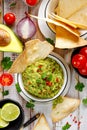 Guacamole, traditional Mexican dip made of avocado, onion, tomatoes, coriander, chilli peppers, lime and salt with the addition o Royalty Free Stock Photo