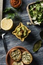 Guacamole and vegan sobrasada on a table Royalty Free Stock Photo