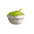 Guacamole, wasabi green sause in white ceramic bowl. Watercolor markers hand drawn illustration isolated on white background in