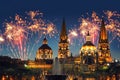 Guadalajara Cathedral (Mexico) with fireworks Royalty Free Stock Photo