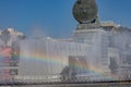 Guadalajara, Jalisco Mexico. January 8, 2023. Rainbow reflected on breeze of water with fountain in operation Royalty Free Stock Photo