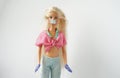 GUADALAJARA, SPAIN - MAY 14, 2020: Barbie is wearing protective face mask and gloves against the COVID-19 pandemic