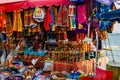 Typical tourist market in Guadeloupe selling traditional beverages, spices and other items