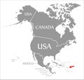 Guadeloupe red highlighted in map of North America