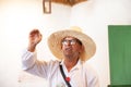 GUADUAS, COLOMBIA - JANUARY 12, 2024: Tourists guide at the natal house of the Colombian independence heroine Policarpa