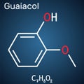 Guaiacol molecule. It is expectorant, disinfectant, plant metabolite. Present in wood smoke. Structural chemical formula on the