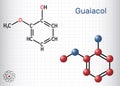 Guaiacol molecule. It is expectorant, disinfectant, plant metabolite. Present in wood smoke. Structural chemical formula, molecule