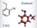 Guaiacol molecule. It is expectorant, disinfectant, plant metabolite. Present in wood smoke. Structural chemical formula, molecule