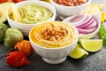 Guakamole and hummus dips with vegetables