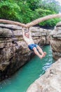 GUALACA, PANAMA - MAY 23, 2016: Tourist enjoys Los Cangilones de Gualaca - mini canyon in Pana