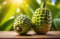 tropical annona fruit, exotic garden, green plants on the background, sweetsop or custard apple,