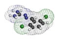 Guanabenz antihypertensive drug molecule. 3D rendering. Atoms are represented as spheres with conventional color coding: hydrogen