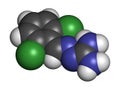 Guanabenz antihypertensive drug molecule. 3D rendering. Atoms are represented as spheres with conventional color coding: hydrogen