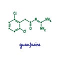 Guanfacine hand drawn vector formula chemical structure lettering blue green