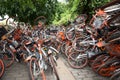 A lot of broken sharing bike crowded on the street in guangzhou china