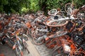 A lot of broken sharing bike crowded on the street in guangzhou china