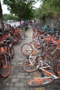 A lot of broken sharing bike crowded on the street in guangzhou china