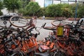 A lot of broken sharing bike crowded on the street in guangzhou china