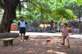 GUANGZHOU, CHINA - CIRCA MAY 2020: A little white girl practises kung-fu with a Chinese martial arts teacher