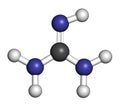 Guanidine molecule. 3D rendering. Atoms are represented as spheres with conventional color coding: hydrogen white, carbon grey. Royalty Free Stock Photo