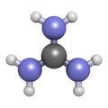 Guanidinium cation. Protonated form of guanidine. 3D rendering. Atoms are represented as spheres with conventional color coding: