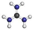 Guanidinium cation. Protonated form of guanidine. 3D rendering. Atoms are represented as spheres with conventional color coding: