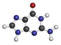 Guanine (G) purine nucleobase molecule. Base present in DNA and RNA. Atoms are represented as spheres with conventional color