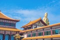 Guanyin goddress with temple rooftop and beautiful sky at foguangshan thaihua temple thailand