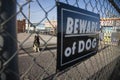 Guard dog behind 'Beware of dog' sign on fence Royalty Free Stock Photo