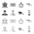 Guard, guide, statue, gun. Museum set collection icons in outline,monochrome style vector symbol stock illustration web.