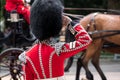 Guard salutes as horse and carriage passes in front at Trooping the Colour, The Mall, London UK