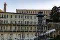 Guard tower, barracks apartment and lighthouse at Alcatraz Island Prison, San Francisco California USA, March 30, 2020 Royalty Free Stock Photo
