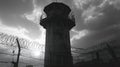 Guard tower in prison and barbed wire fence on jail border. with copy space Royalty Free Stock Photo