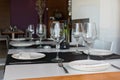 Guardamar del Segura, Alicante, Spain. December 8 2.017: Restaurant El Bocaito. Beautiful table setup with wine glasses, dishes,