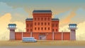 City prison building with barbed wire bus for transporting prisoners. Vector illustration