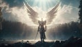 Guardian angel in armor, holding a sward, surrounded by glowing light. Generative AI