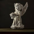 Guardian angel  black background statue copy space beautiful holy wings bowl of roses flower in hand Royalty Free Stock Photo